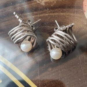 Artisan Brutality Modernist Elegant Hand made Silver 925 Real Pearl Earrings